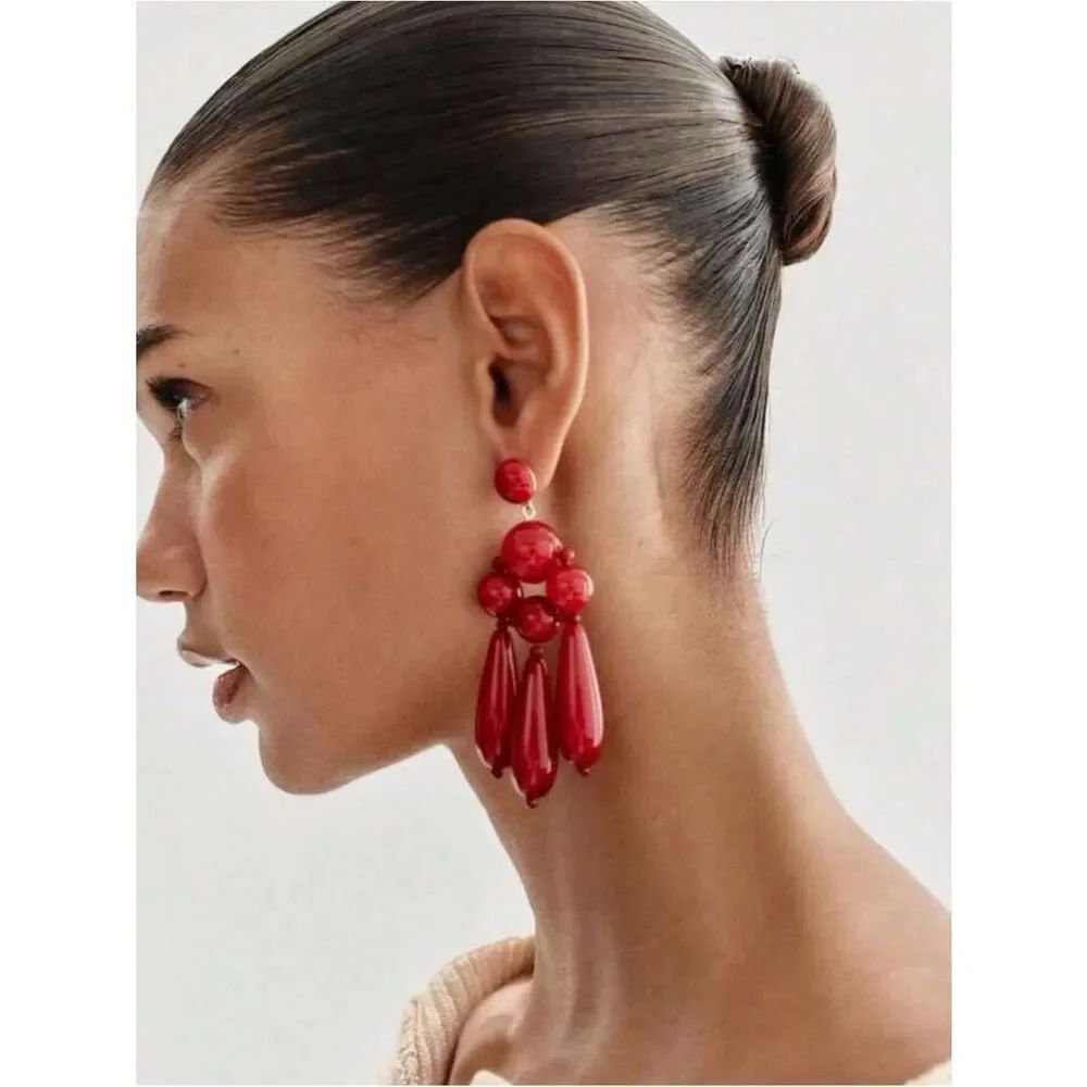 Red Beaded Statement Drop Earrings A2049